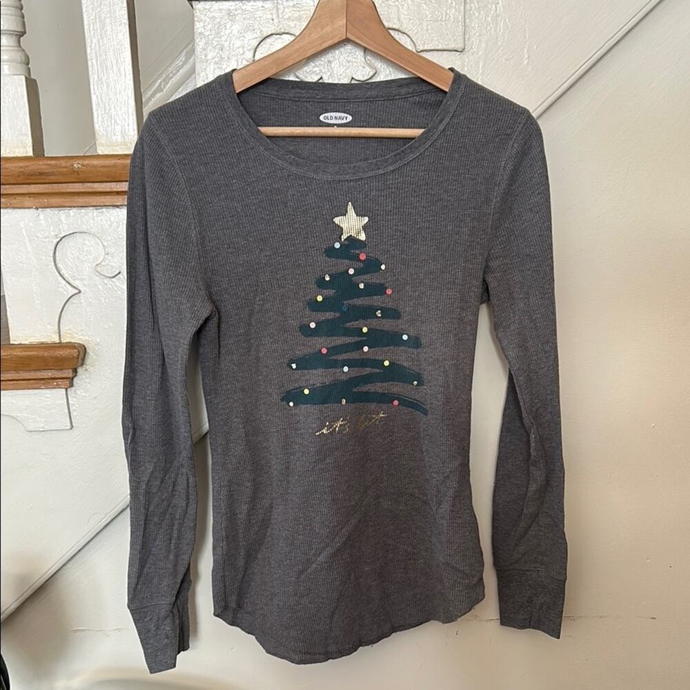 Old Navy Kids Christmas Tree Graphic Shirt Long Sleeve Waffle Knit Top Size M